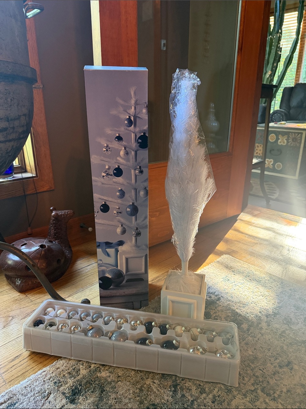 Vtg White Feather Tree Decorative Accent with Ornaments and Box